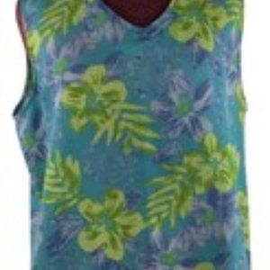Patchington Sleeveless V-Neck Aqua Shell Top Back Button Side Slits L